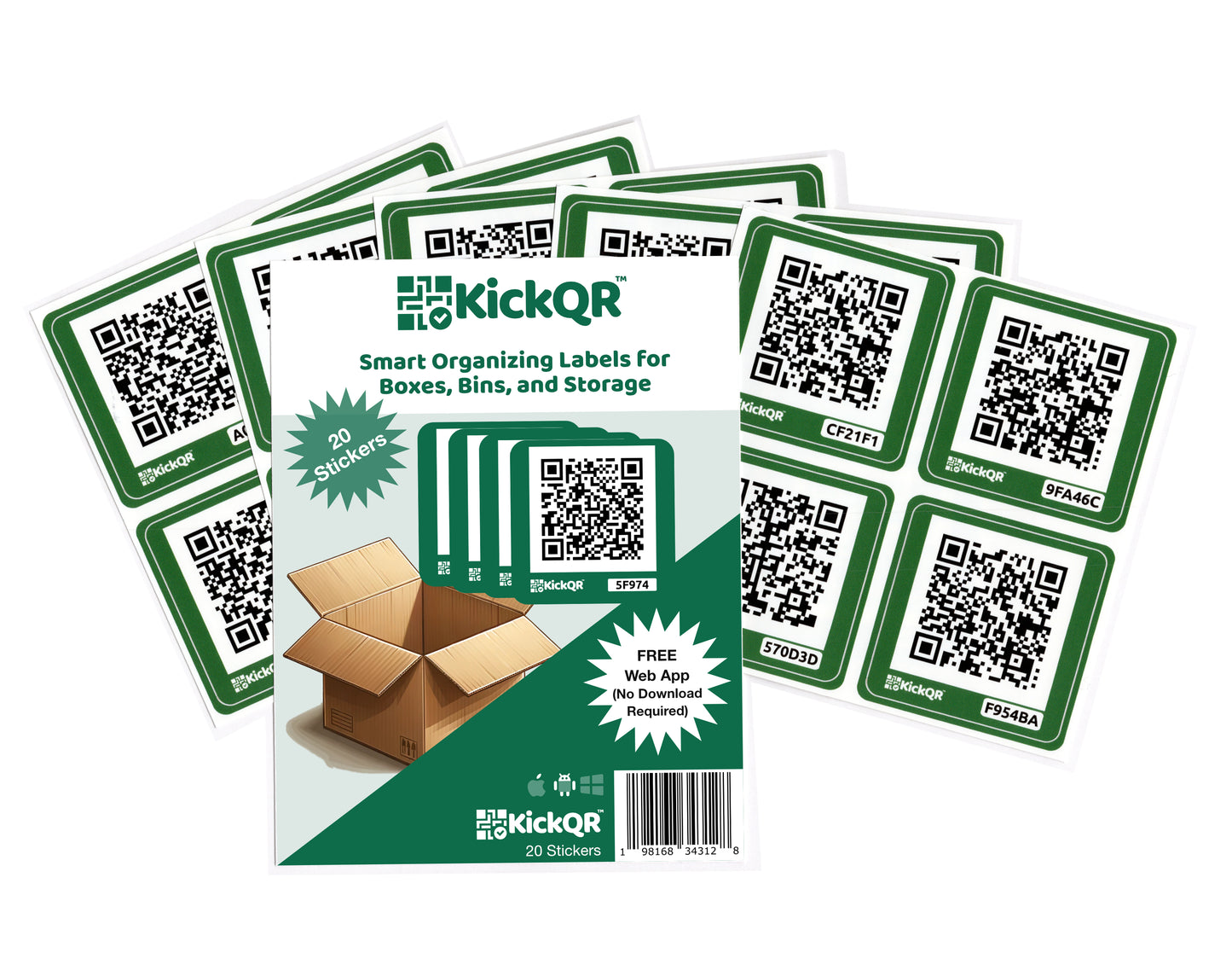 KickQR - OrganizerQR Sticker Pack - Smart QR Codes for Box & Bin Storage - 20 pack