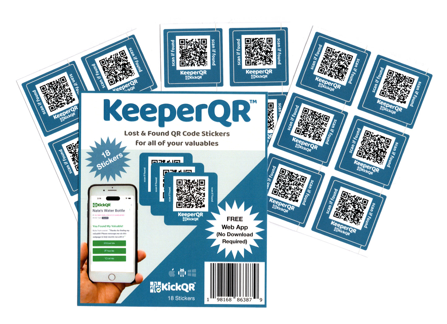 KeeperQR - 18 Pack - Lost & Found smart QR code stickers